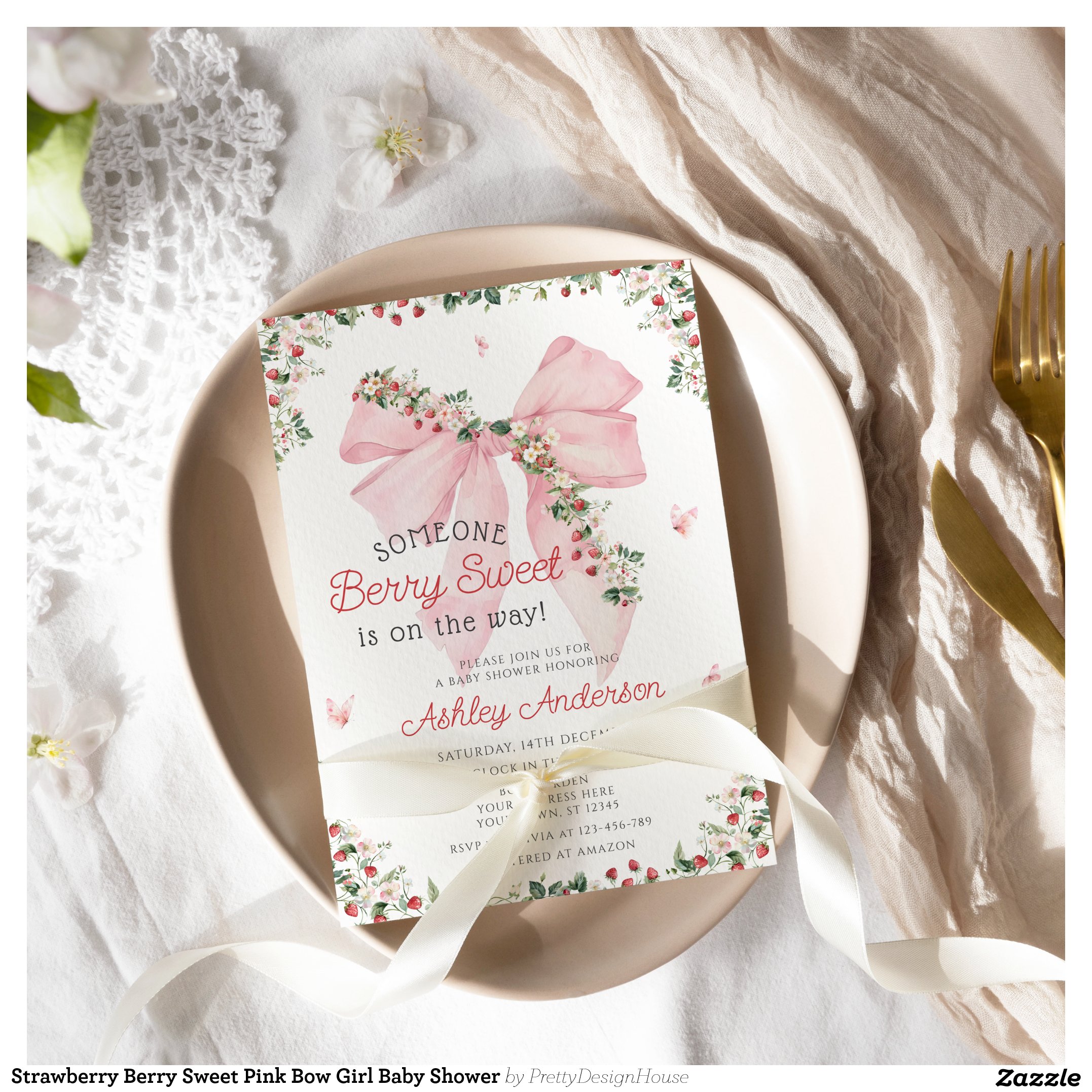Strawberry Berry Sweet Pink Bow Girl Baby Shower Invitation