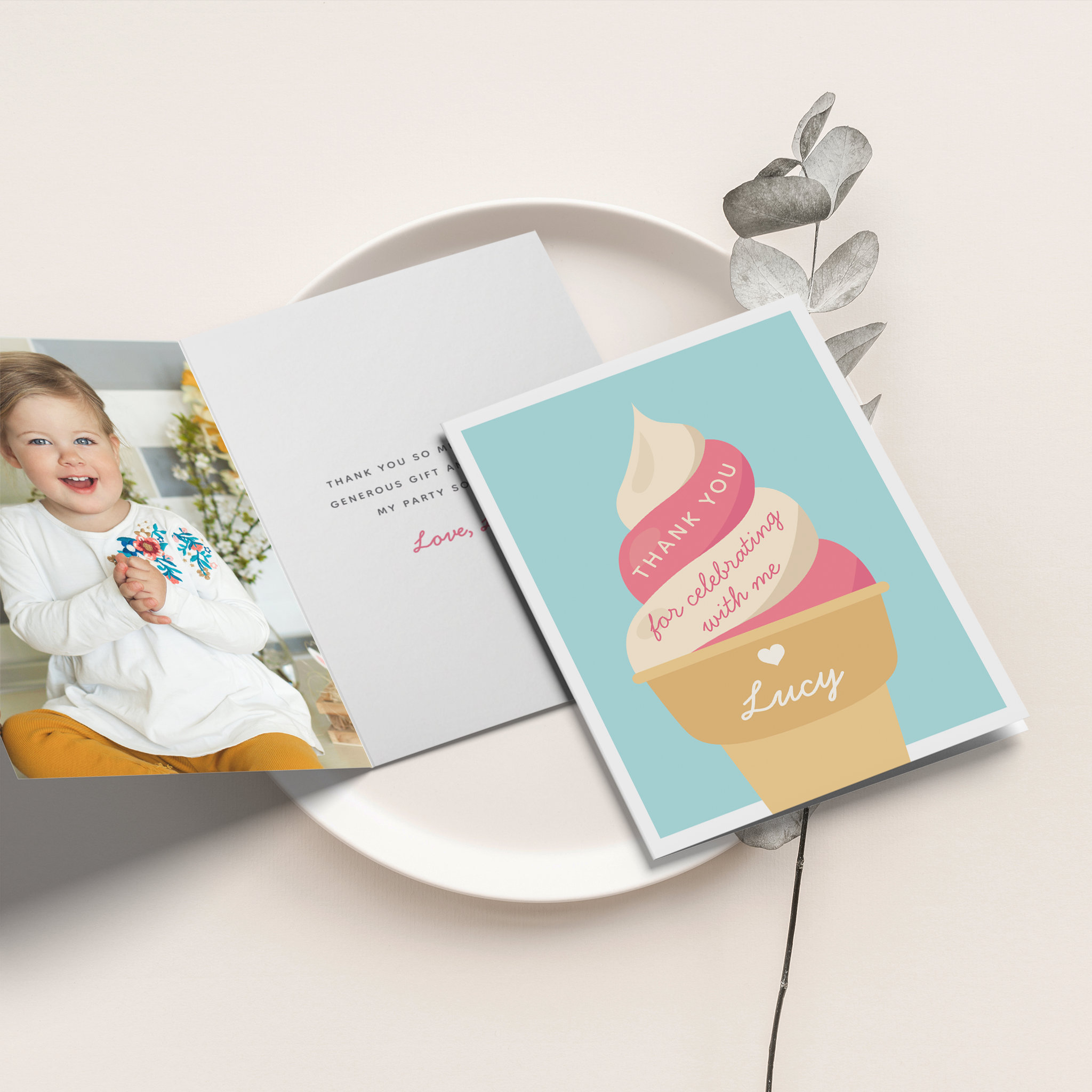 Strawberry Ice Cream Swirl Kids Birthday Thank You Card