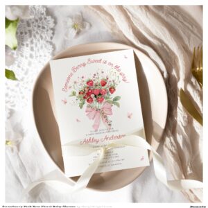 Strawberry Pink Bow Floral Baby Shower Invitation