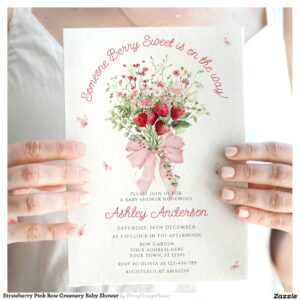 Strawberry Pink Bow Greenery Baby Shower Invitation