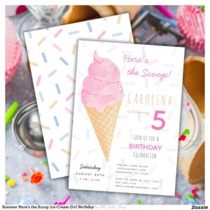 Summer Here's the Scoop Ice-Cream Girl Birthday Invitation