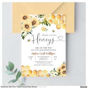 Sunflower Bee Twin Triplet Honey Baby Shower Invitation