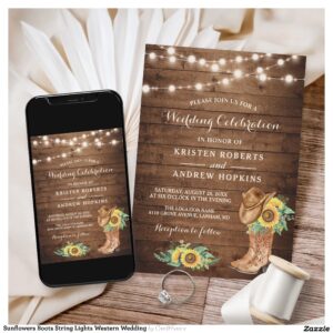 Sunflowers Boots String Lights Western Wedding Invitation