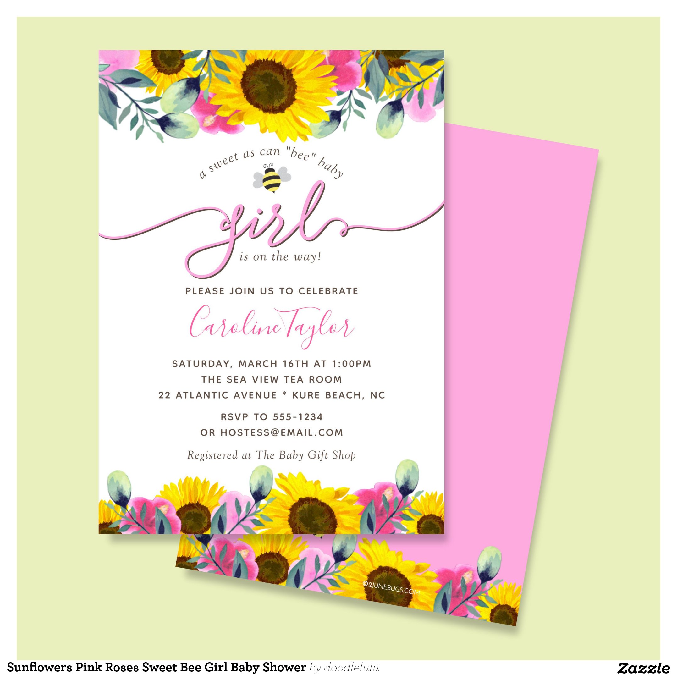 Sunflowers Pink Roses Sweet Bee Girl Baby Shower Invitation
