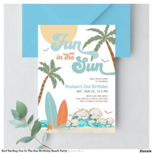 Surf Surfing Fun In The Sun Birthday Beach Party Invitation