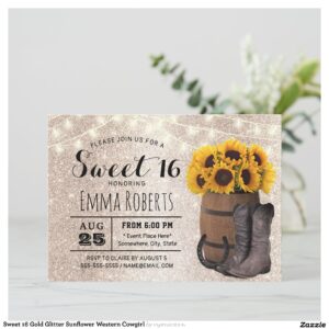 Sweet 16 Gold Glitter Sunflower Western Cowgirl Invitation
