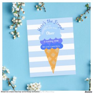 Sweet ice cream blue boy 1st birthday invitation