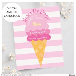 Sweet ice cream girl pink 1st birthday invitation