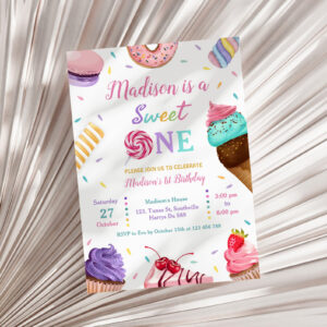 Sweet One 1st Birthday Ice cream, Donuts Party Invitation