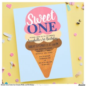 Sweet One Cute Ice Cream Kids 1st Birthday Invitation