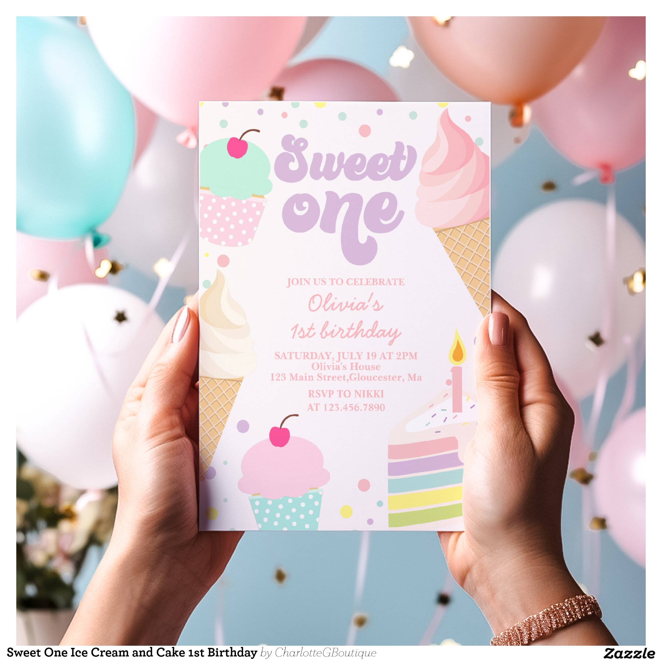 Sweet One Ice Cream and Cake 1st Birthday Invitation