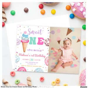 Sweet One Ice Cream Donut 1st Birthday Photo Invitation