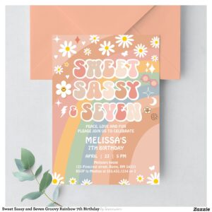 Sweet Sassy and Seven Groovy Rainbow 7th Birthday Invitation