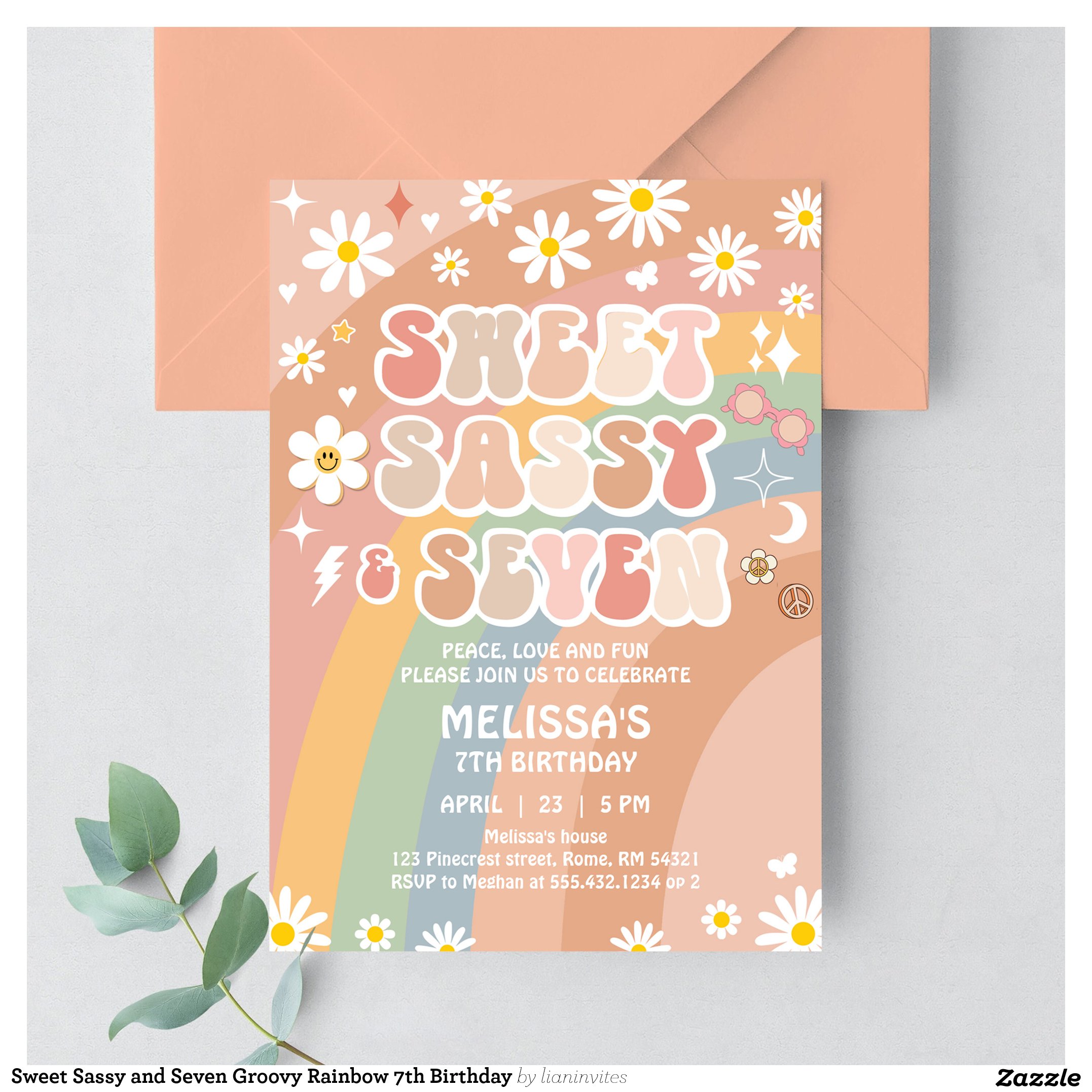 Sweet Sassy and Seven Groovy Rainbow 7th Birthday Invitation