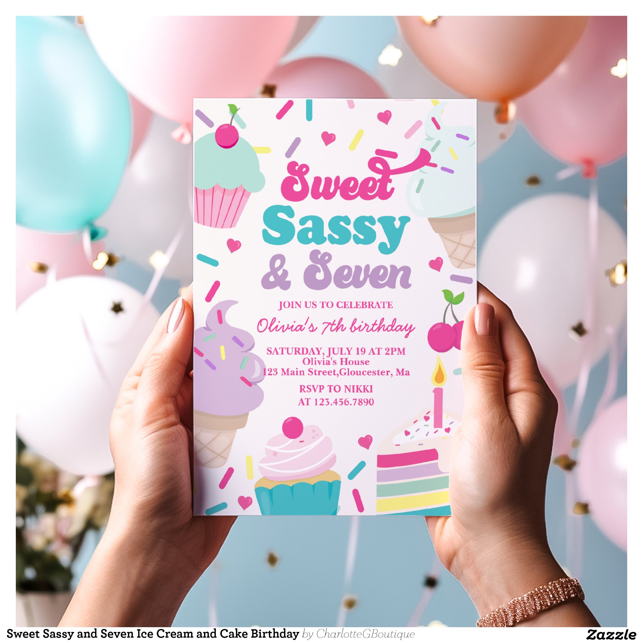 Sweet Sassy and Seven Ice Cream and Cake Birthday Invitation