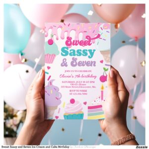 Sweet Sassy and Seven Ice Cream and Cake Birthday Invitation