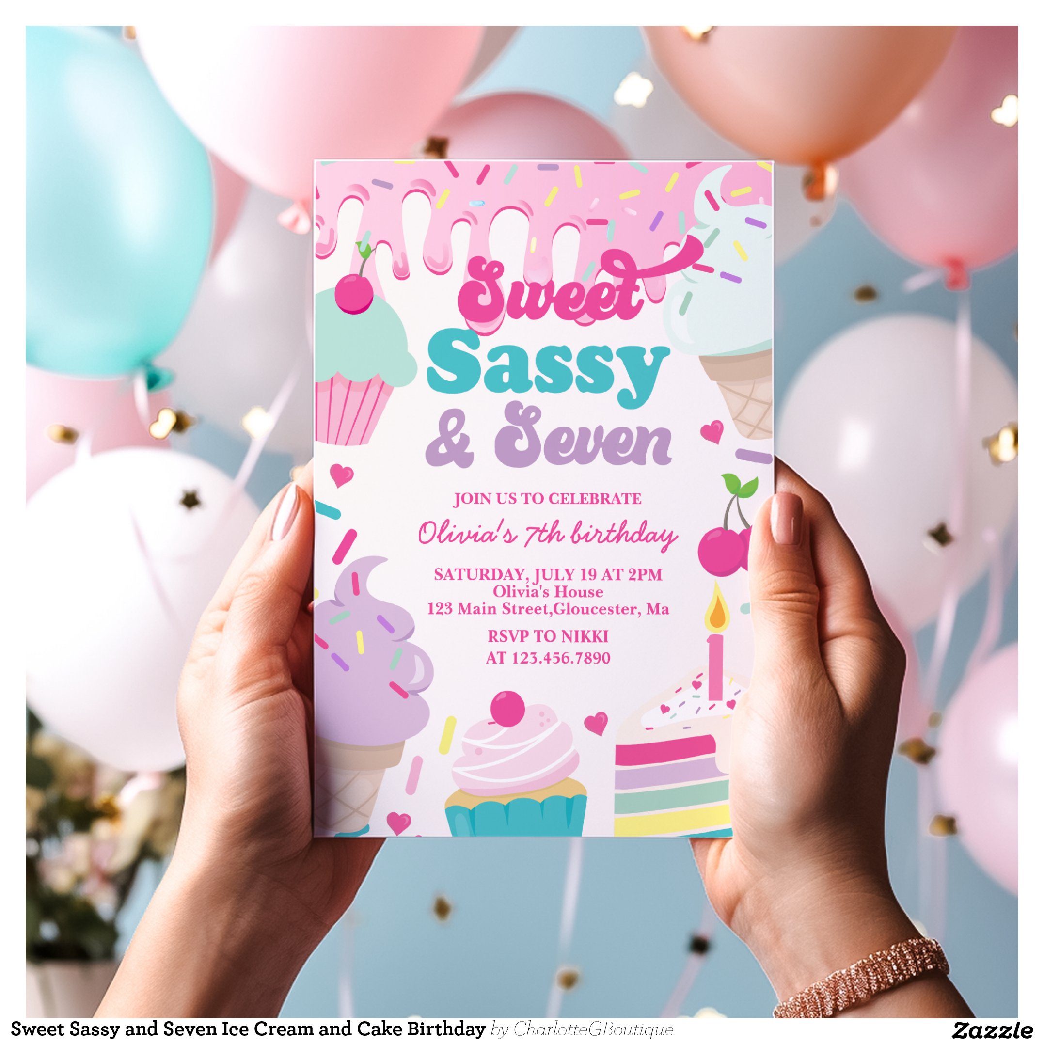 Sweet Sassy and Seven Ice Cream and Cake Birthday Invitation