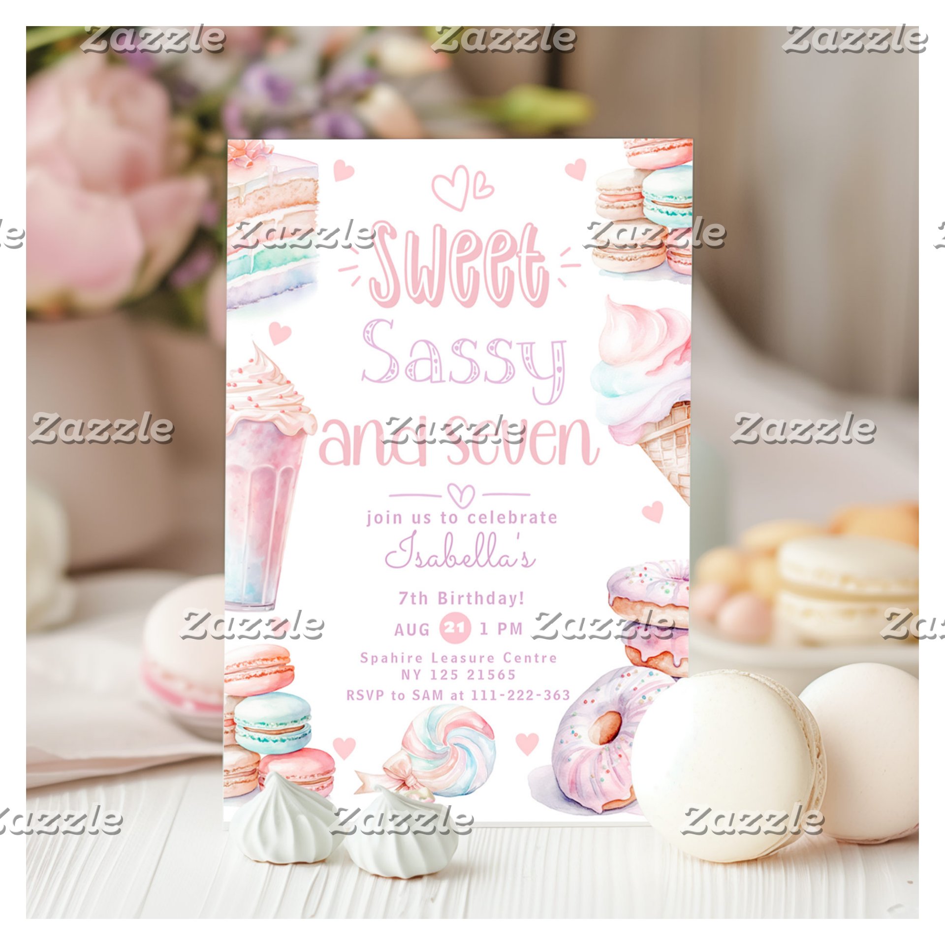 Sweet sassy and seven pastel sweets 7th birthday invitation