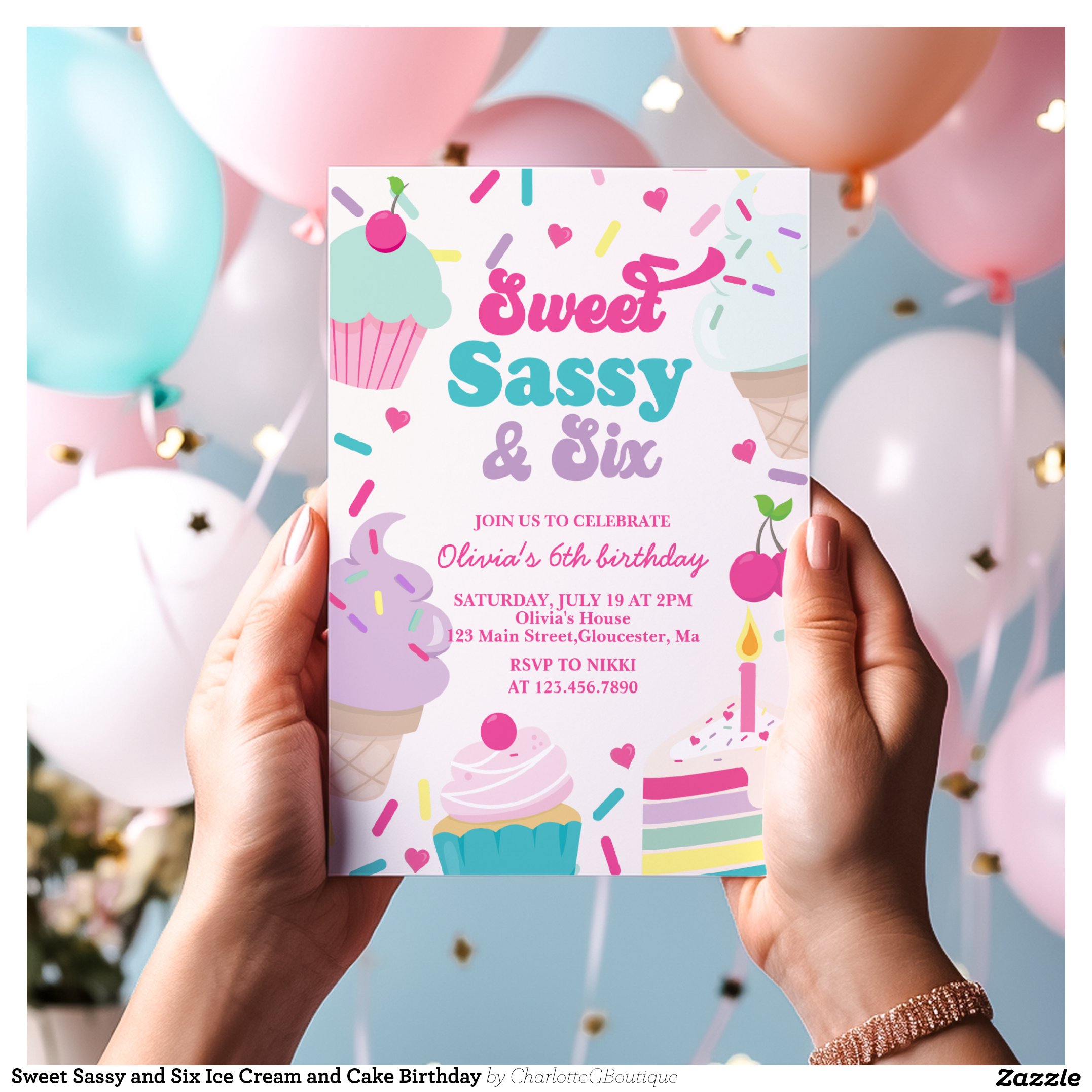 Sweet Sassy and Six Ice Cream and Cake Birthday Invitation