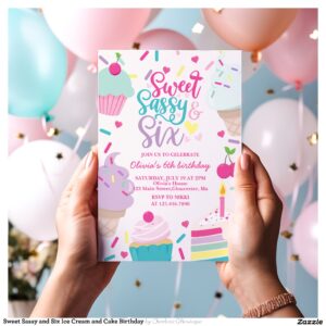 Sweet Sassy and Six Ice Cream and Cake Birthday Invitation