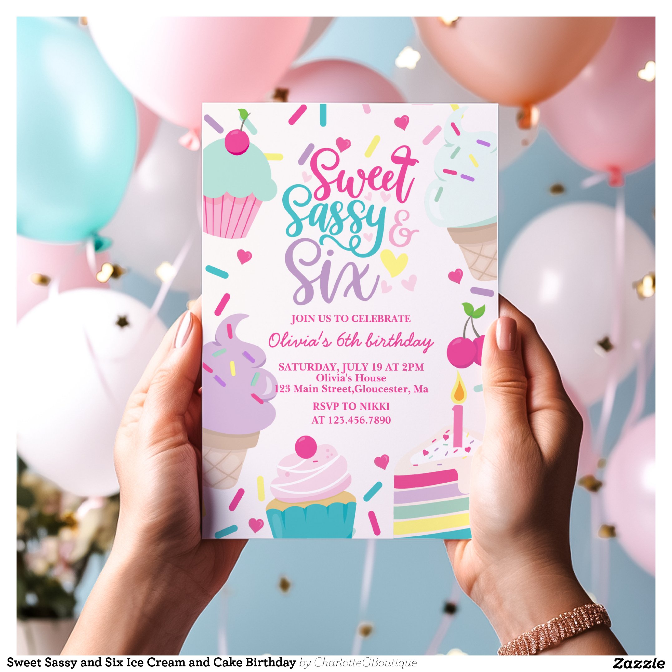 Sweet Sassy and Six Ice Cream and Cake Birthday Invitation