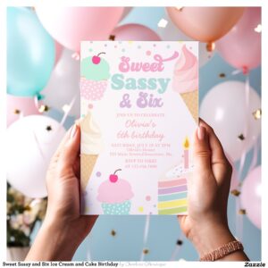 Sweet Sassy and Six Ice Cream and Cake Birthday Invitation