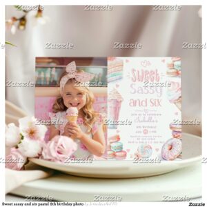 Sweet sassy and six pastel 6th birthday photo invitation