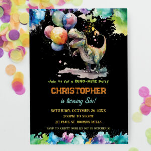 T-Rex Dinosaur Balloons Paint Splash Birthday Invitation