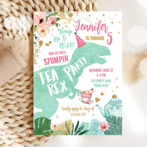 Tea Rex Dinosaur Par-Tea Pink Mint Gold Birthday Invitation