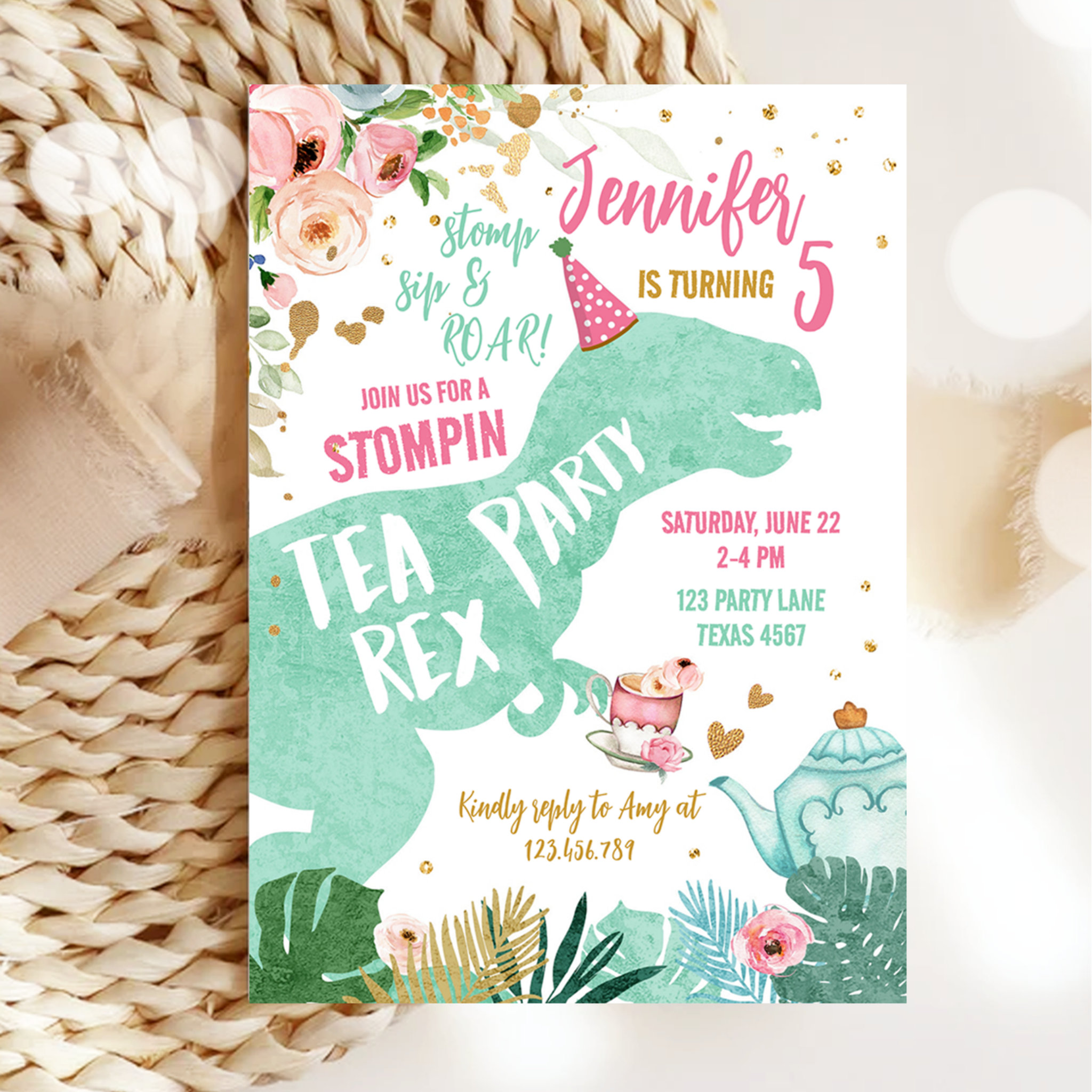 Tea Rex Dinosaur Par-Tea Pink Mint Gold Birthday Invitation