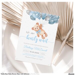 Teddy Bear Baby Shower Bear with Balloons Invitation