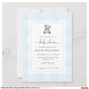 Teddy Bear Blue Gingham Baby Shower Invitation
