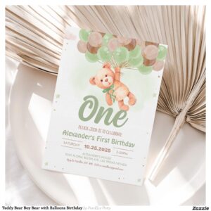 Teddy Bear Boy Bear with Balloons Birthday Invitation