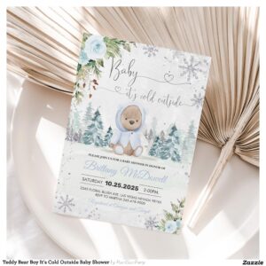 Teddy Bear Boy It's Cold Outside Baby Shower Invitation