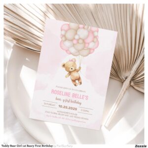 Teddy Bear Girl 1st Beary First Birthday Invitation