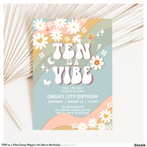 TEN is a Vibe Daisy Hippie 70s Retro Birthday Invitation