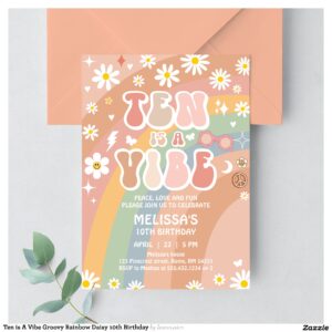 Ten is A Vibe Groovy Rainbow Daisy 10th Birthday Invitation