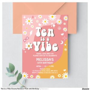 Ten is a Vibe Groovy Rainbow Pink 10th Birthday Invitation