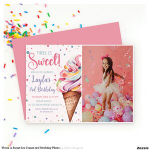 Three is Sweet Ice Cream 3rd Birthday Photo Invitation