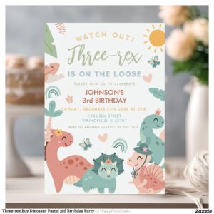 Three-rex Boy Dinosaur Pastel 3rd Birthday Party Invitation