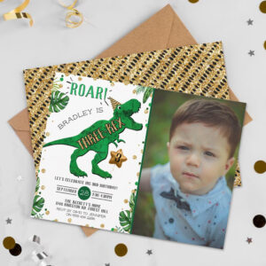 Three-Rex Dinosaur 3rd Birthday Photo Invitation