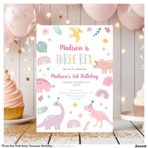 Three Rex Pink Boho Dinosaur Birthday Invitation