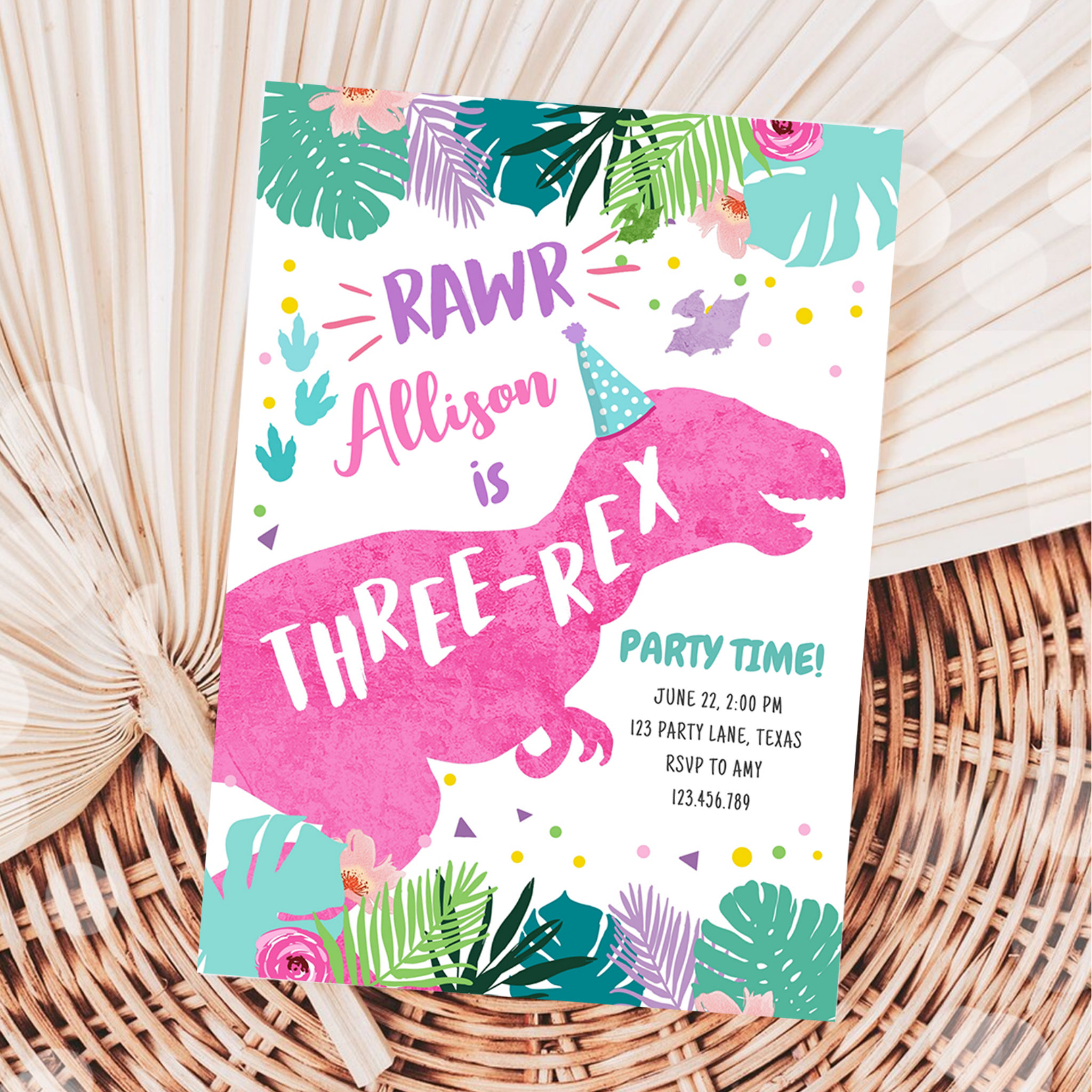 Three-Rex Pink Dinosaur Girl 3rd Third Birthday Invitation