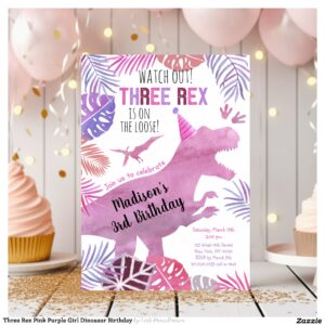 Three Rex Pink Purple Girl Dinosaur Birthday Invitation