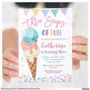 Three Scoops Of Fun 3rd Birthday Party Invitation