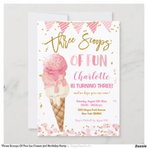 Three Scoops Of Fun Ice Cream 3rd Birthday Party Invitation