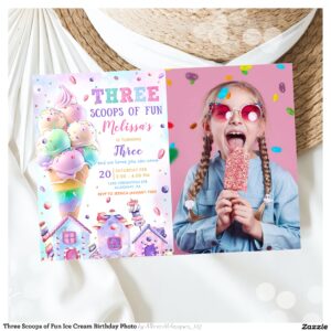 Three Scoops of Fun Ice Cream Birthday Photo Invitation