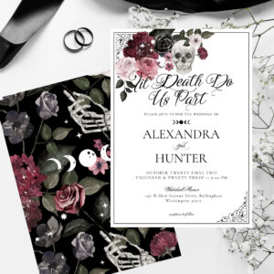 Til Death Watercolor Skull Rose Gothic Wedding Invitation