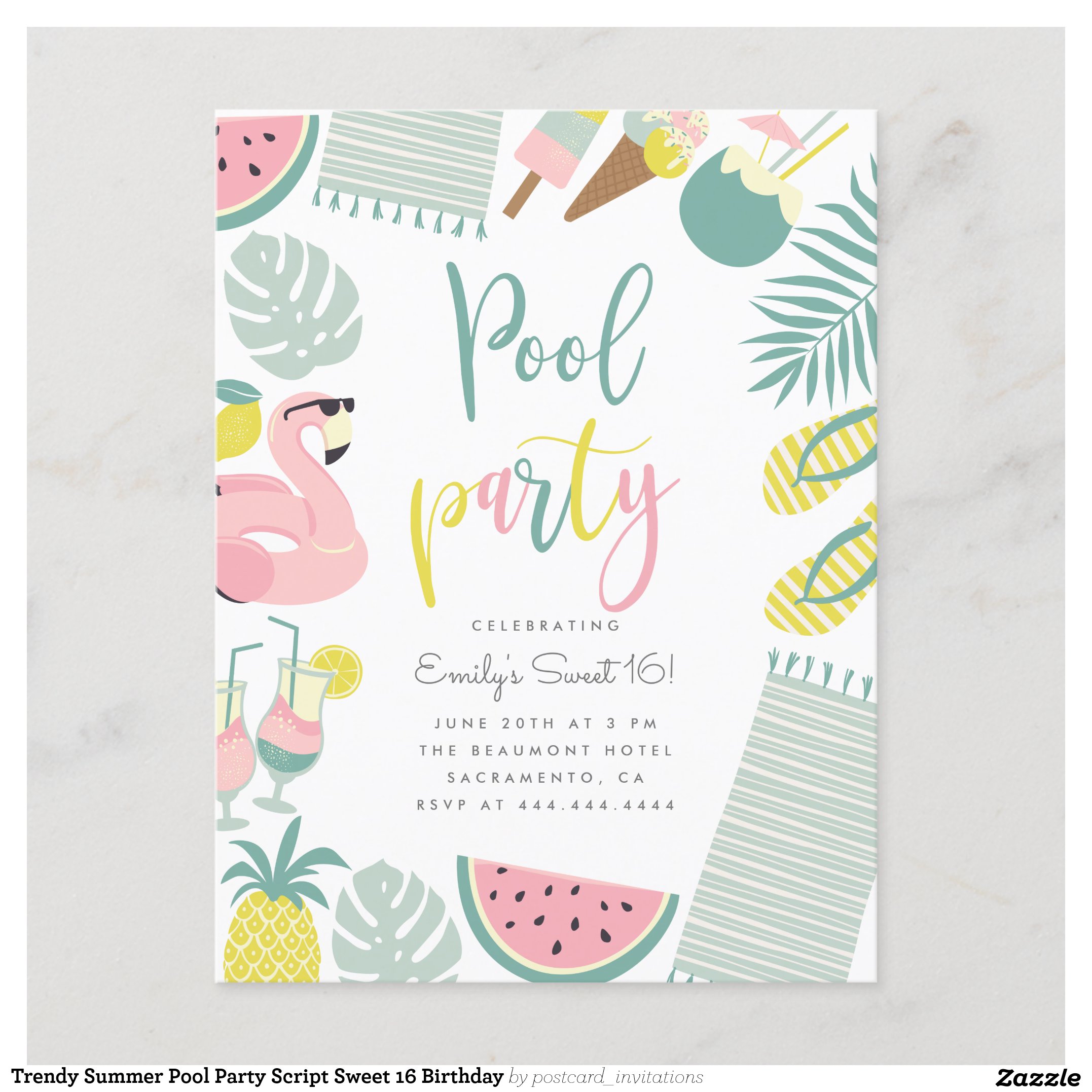 Trendy Summer Pool Party Script Sweet 16 Birthday Invitation Postcard