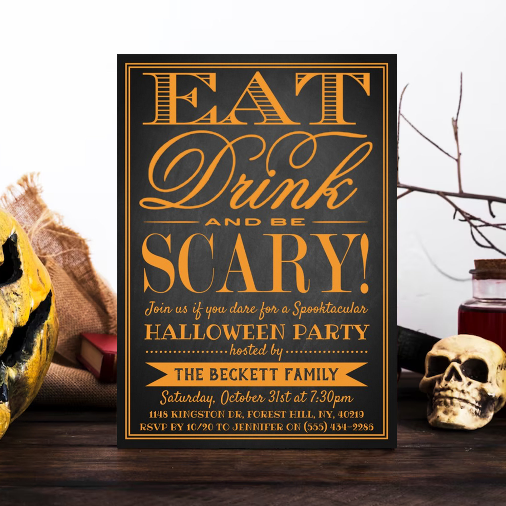 Trendy Typography Eat, Drink & Be Scary Halloween Invitation